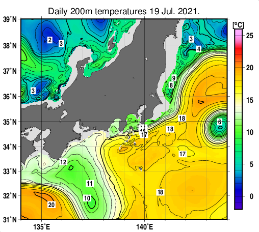 関東・東海・北陸周辺海域の深さ200mの水温分布図（7月19日）