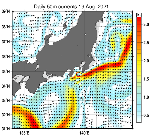 関東・東海・北陸周辺海域の深さ50mの海流分布図（8月19日）