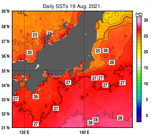 関東・東海・北陸周辺海域の海面水温分布図（8月19日）