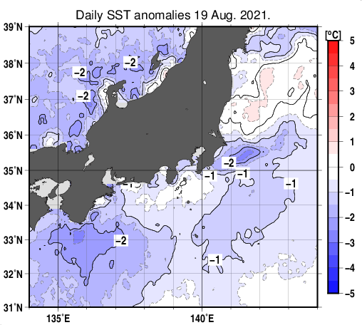 関東・東海・北陸周辺海域の海面水温平年差分布図（8月19日）