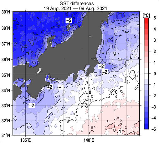 関東・東海・北陸周辺海域の10日間の海面水温変化量分布図（8月19日）