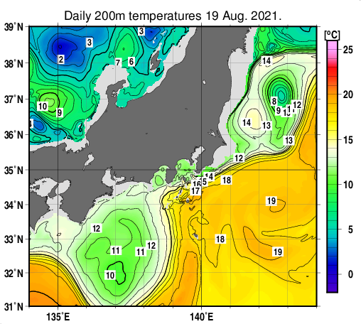 関東・東海・北陸周辺海域の深さ200mの水温分布図（8月19日）