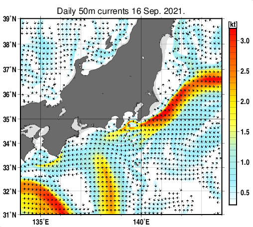 関東・東海・北陸周辺海域の深さ50mの海流分布図（9月16日）