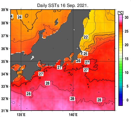 関東・東海・北陸周辺海域の海面水温分布図（9月16日）