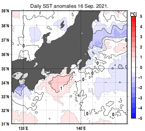 関東・東海・北陸周辺海域の海面水温平年差分布図（9月16日）