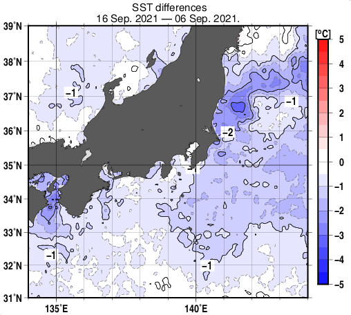関東・東海・北陸周辺海域の10日間の海面水温変化量分布図（9月16日）