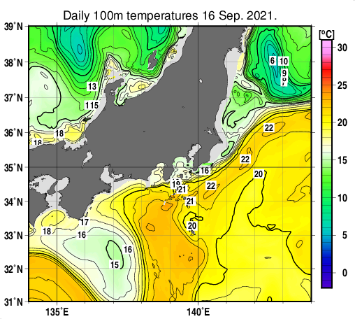 関東・東海・北陸周辺海域の深さ100mの水温分布図（9月16日）