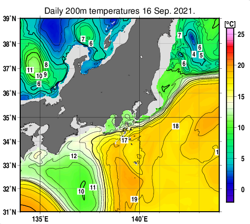 関東・東海・北陸周辺海域の深さ200mの水温分布図（9月16日）