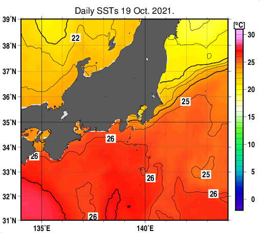 関東・東海・北陸周辺海域の海面水温分布図（10月19日）