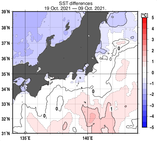 関東・東海・北陸周辺海域の10日間の海面水温変化量分布図（10月19日）