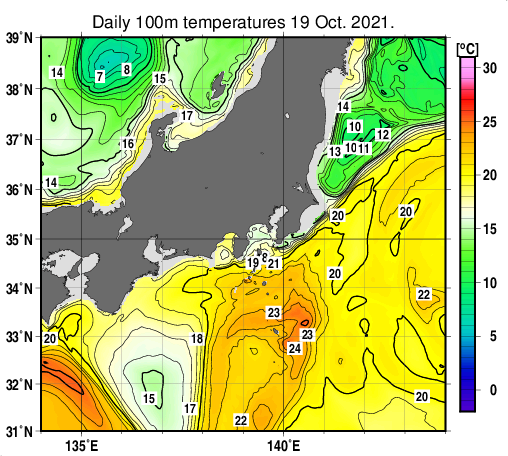 関東・東海・北陸周辺海域の深さ100mの水温分布図（10月19日）