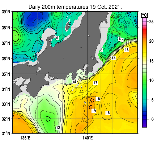 関東・東海・北陸周辺海域の深さ200mの水温分布図（10月19日）