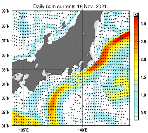 関東・東海・北陸周辺海域の深さ50mの海流分布図（11月18日）