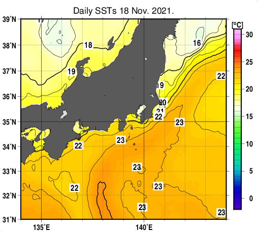 関東・東海・北陸周辺海域の海面水温分布図（11月18日）