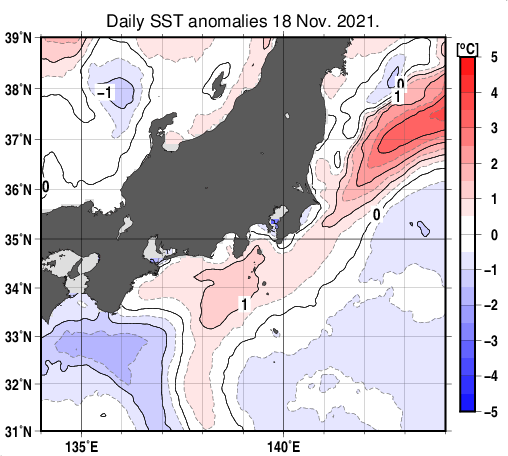 関東・東海・北陸周辺海域の海面水温平年差分布図（11月18日）