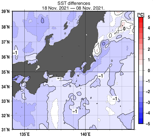 関東・東海・北陸周辺海域の10日間の海面水温変化量分布図（11月18日）