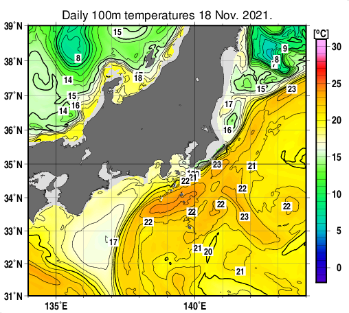 関東・東海・北陸周辺海域の深さ100mの水温分布図（11月18日）