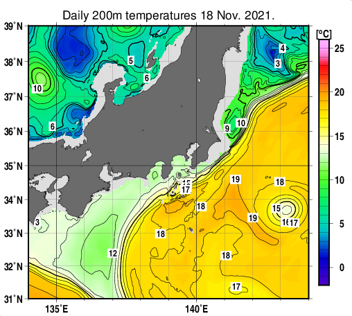 関東・東海・北陸周辺海域の深さ200mの水温分布図（11月18日）