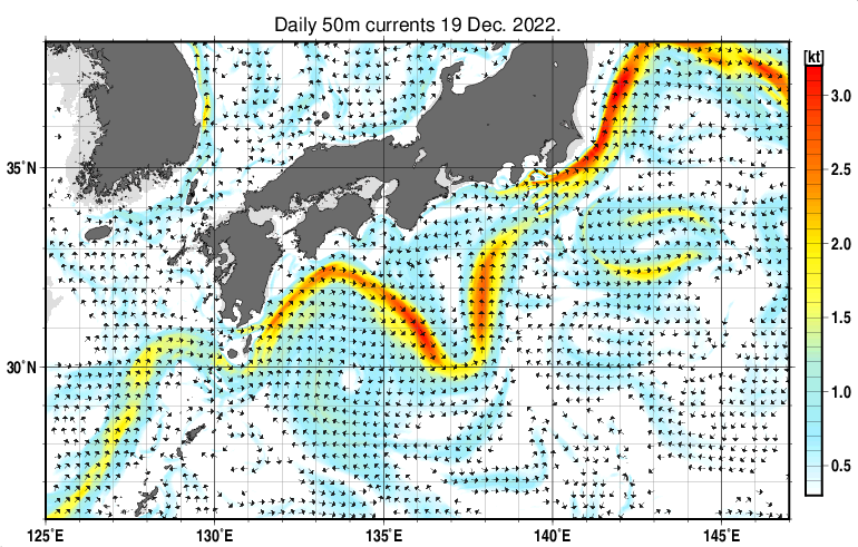 黒潮域の深さ50mの海流分布図（12月19日）