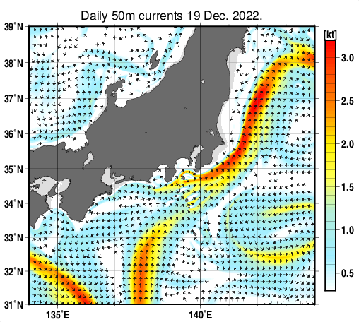関東・東海・北陸周辺海域の深さ50mの海流分布図（12月19日）
