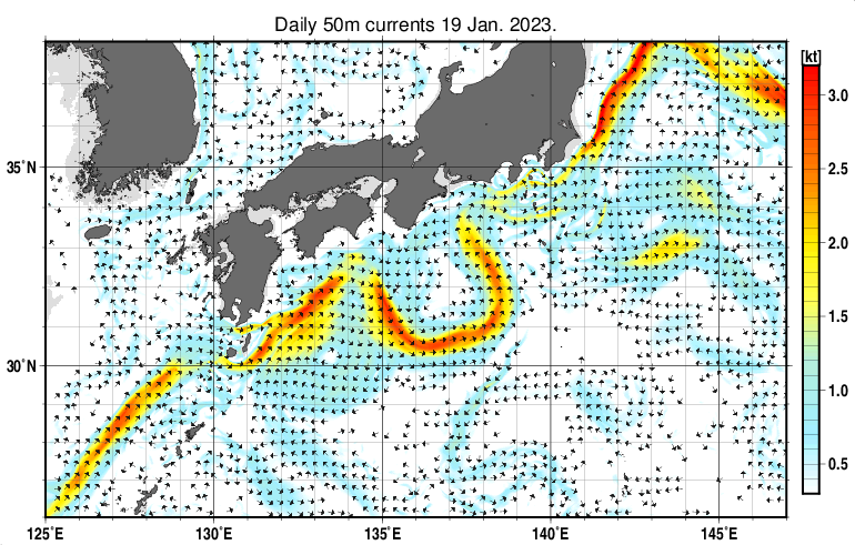 黒潮域の深さ50mの海流分布図（1月19日）