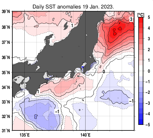 関東・東海・北陸周辺海域の海面水温平年差分布図（1月19日）