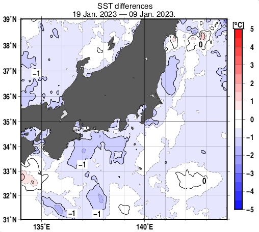関東・東海・北陸周辺海域の10日間の海面水温変化量分布図（1月19日）