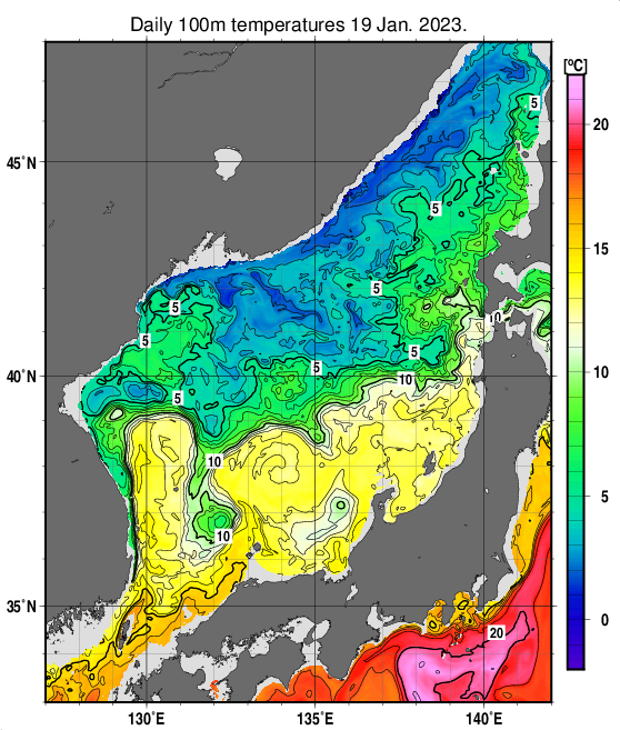 日本海の深さ100mの水温分布図（1月19日）