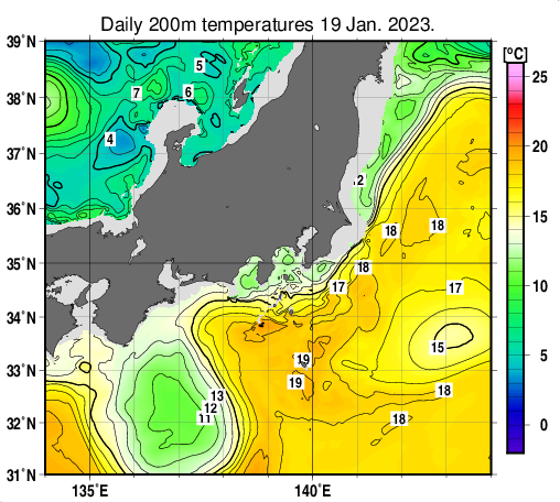 関東・東海・北陸周辺海域の深さ200mの水温分布図（1月19日）