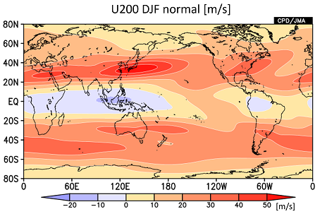 200hPa東西風平年値（冬）