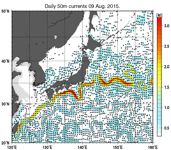 日本近海の深さ50mの海流分布図（8月9日）