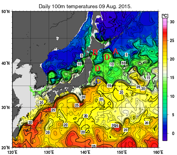 日本近海の深さ100mの水温分布図（8月9日）