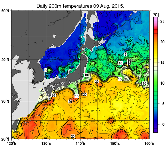 日本近海の深さ200mの水温分布図（8月9日）