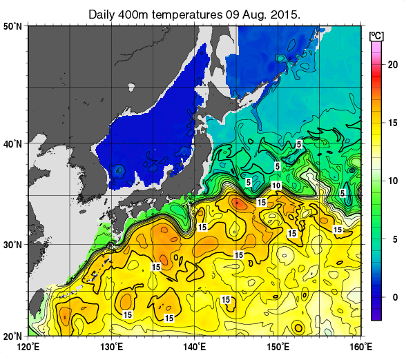 日本近海の深さ400mの水温分布図（8月9日）