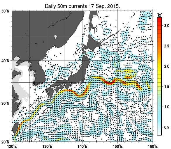 日本近海の深さ50mの海流分布図（9月17日）