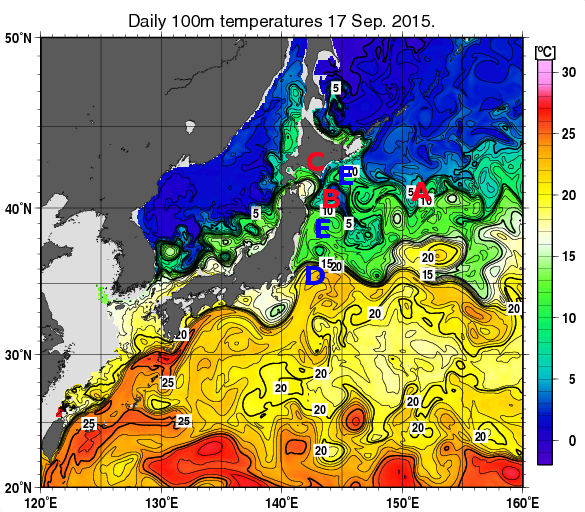 日本近海の深さ100mの水温分布図（9月17日）