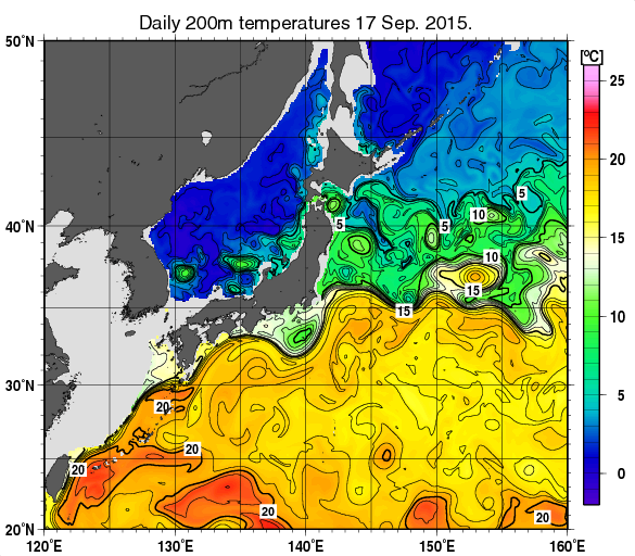 日本近海の深さ200mの水温分布図（9月17日）