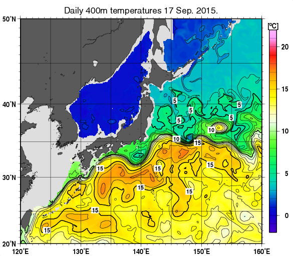 日本近海の深さ400mの水温分布図（9月17日）