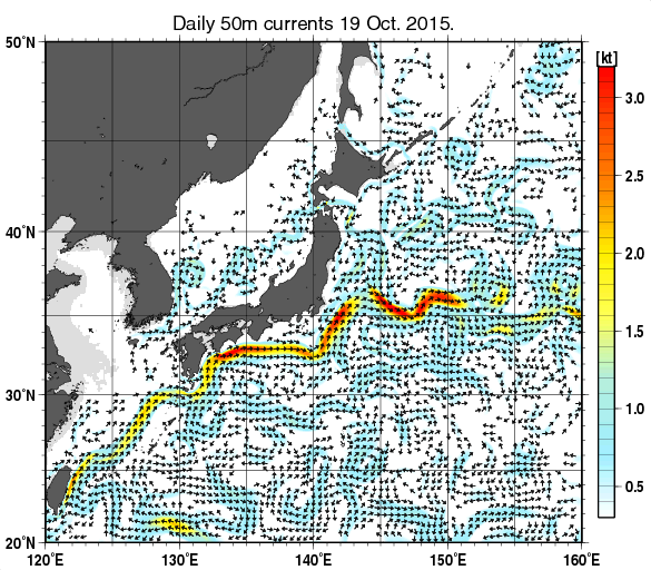 日本近海の深さ50mの海流分布図（10月19日）