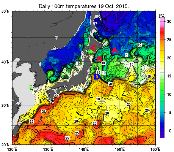 日本近海の深さ100mの水温分布図（10月19日）