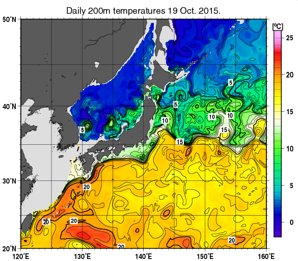 日本近海の深さ200mの水温分布図（10月19日）