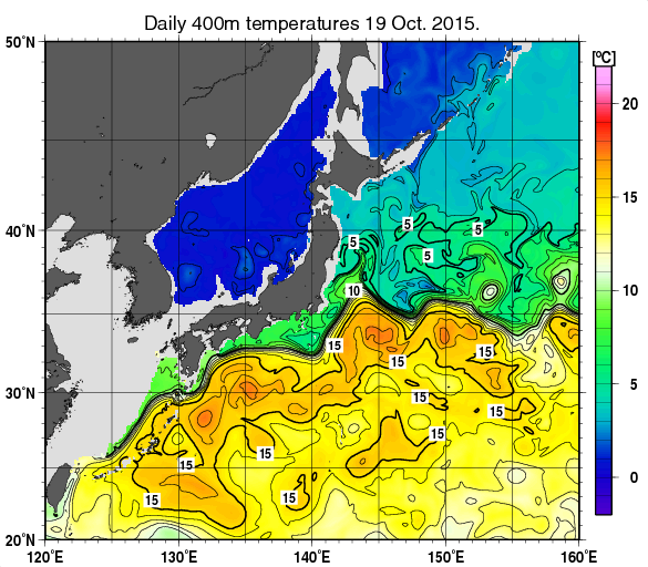 日本近海の深さ400mの水温分布図（10月19日）