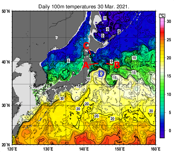 日本近海の深さ100mの水温分布図（3月30日）