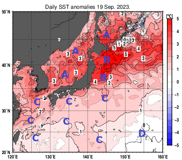 日本近海の海面水温平年差分布図（9月19日）