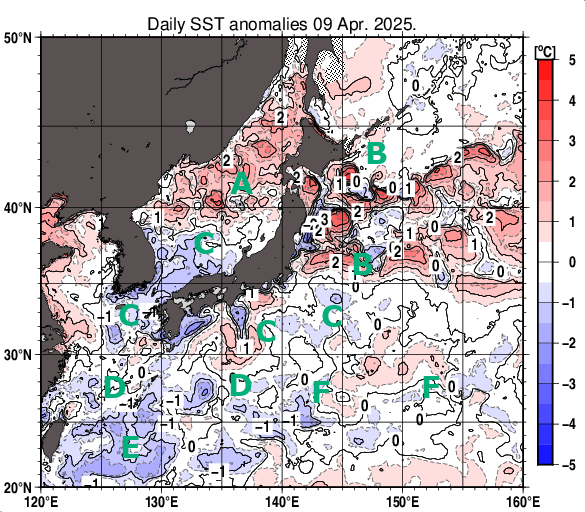 日本近海の海面水温平年差分布図（4月9日）