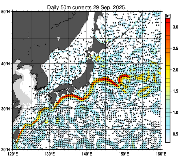 日本近海の深さ50mの海流分布図(9月29日)