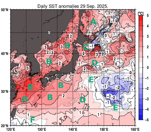 日本近海の海面水温平年差分布図(9月29日)
