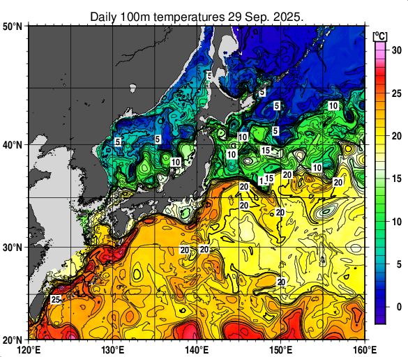 日本近海の深さ100mの水温分布図(9月29日)