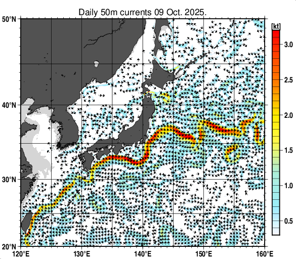 日本近海の深さ50mの海流分布図(10月9日)