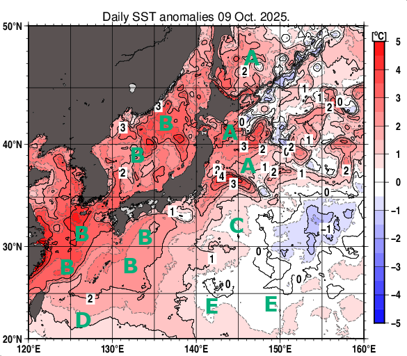 日本近海の海面水温平年差分布図(10月9日)